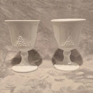 Vintage Indiana Milk Glass‎ Goblets Harvest Grape Design Set of 2 White Glasses